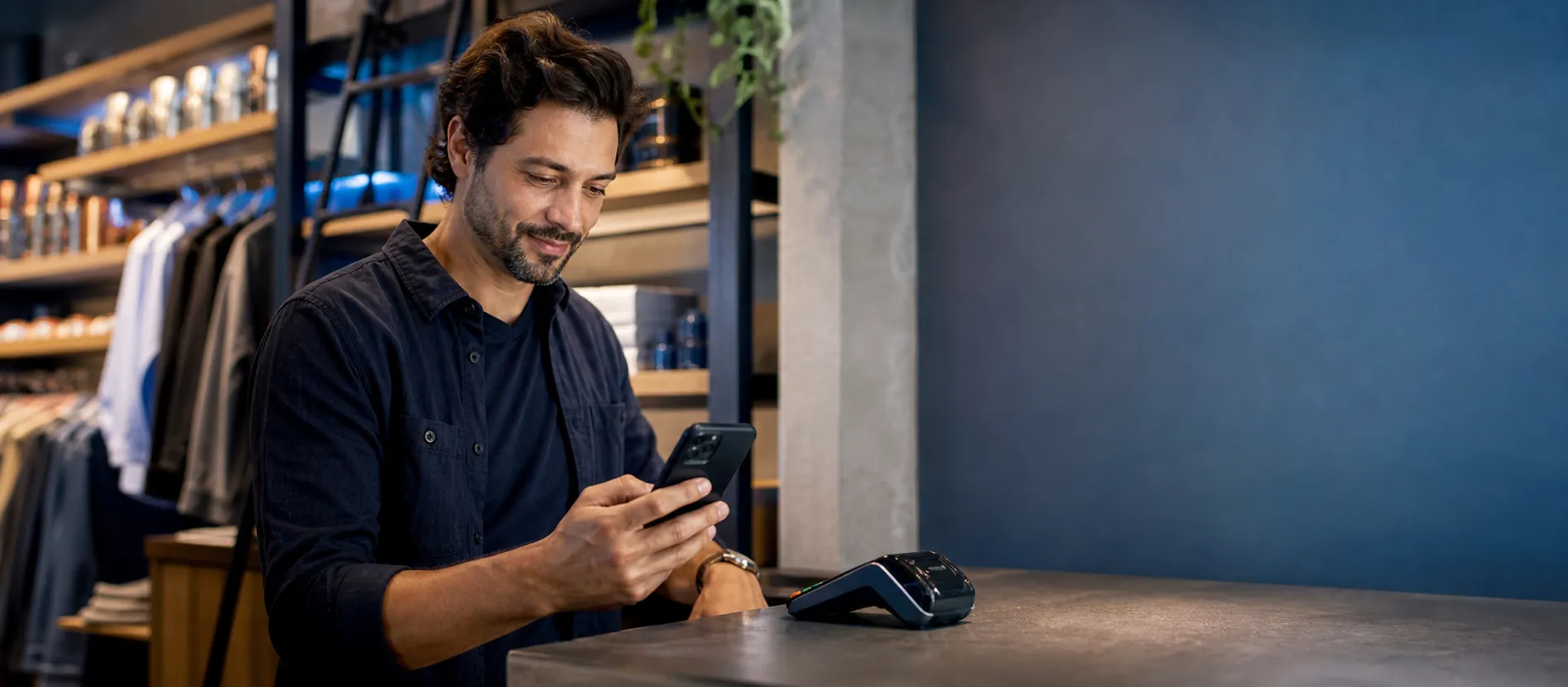 Empresário acompanhando pagamentos recebidos pelo celular em sua loja